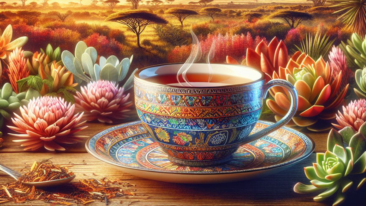 Güney Afrika manzarası üzerinde canlı bir gün batımının fonunda, süslü bir Güney Afrika desenine sahip bir fincan rooibos çayı.